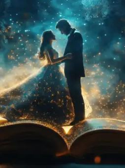 Couple de mariés enlacés sur un livre ouvert, dans un ciel scintillant d’étoiles