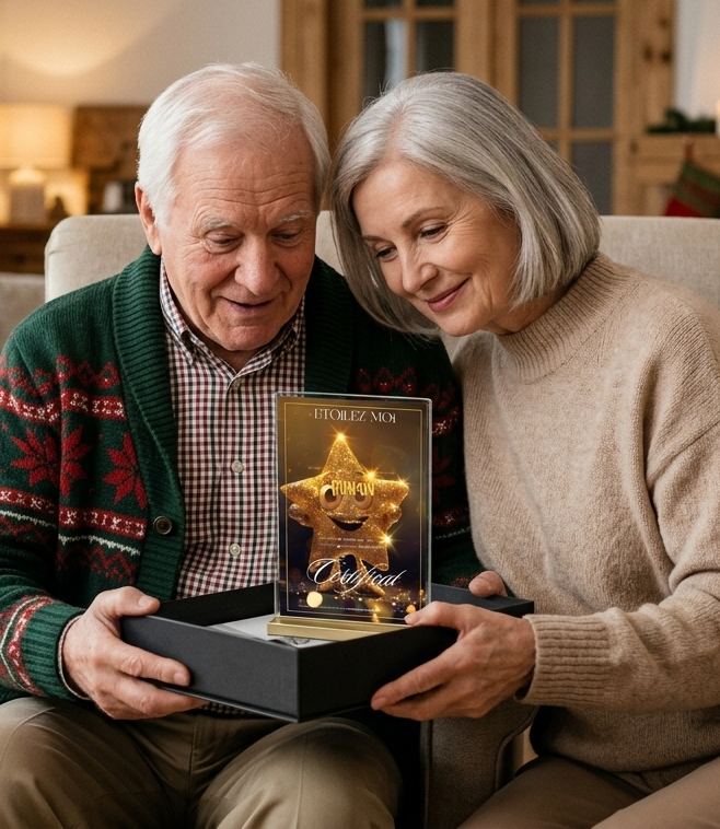 Sourire après la découverte d’un cadeau anniversaire original avec étoile baptisée au prénom