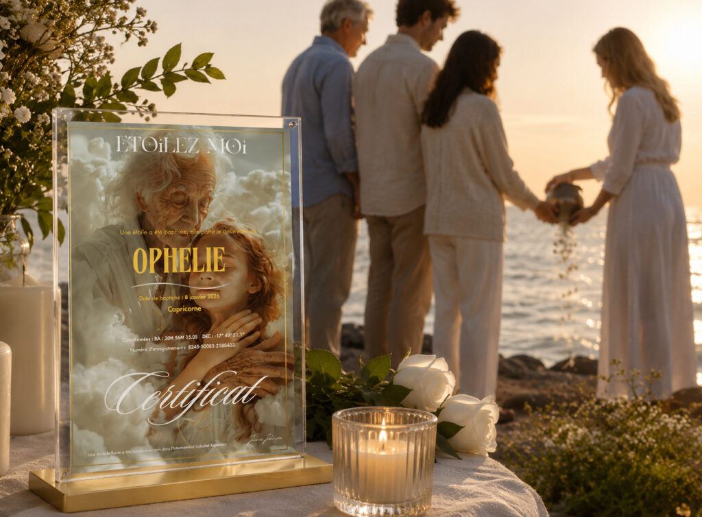 Famille réunie au bord de la mer autour d’un certificat d’étoile en hommage à une grand-mère