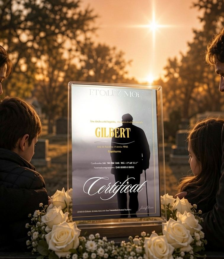 Étoile personnalisée cadeau de condoléances homme symbolisant la sérénité, le recueillement et la mémoire d’un proche disparu