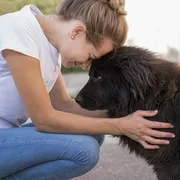 Femme posant son front contre celui de son chien noir à poils longs