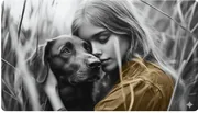 Femme et son chien couchés dans les hautes herbes, photo en noir et blanc