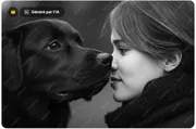 Jeune femme et son chien noir front contre front, photo en noir et blanc