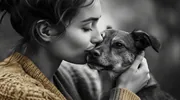 Femme embrassant son chien sur la tête, photo en noir et blanc