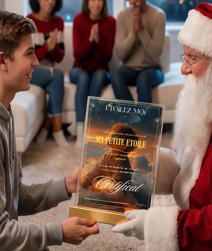 Parent et enfant partageant un secret autour d’une étoile personnalisée – cadeau de Noël enfant symbolique