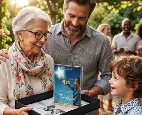 Grand-mère émue recevant un certificat d’étoile entourée de sa famille