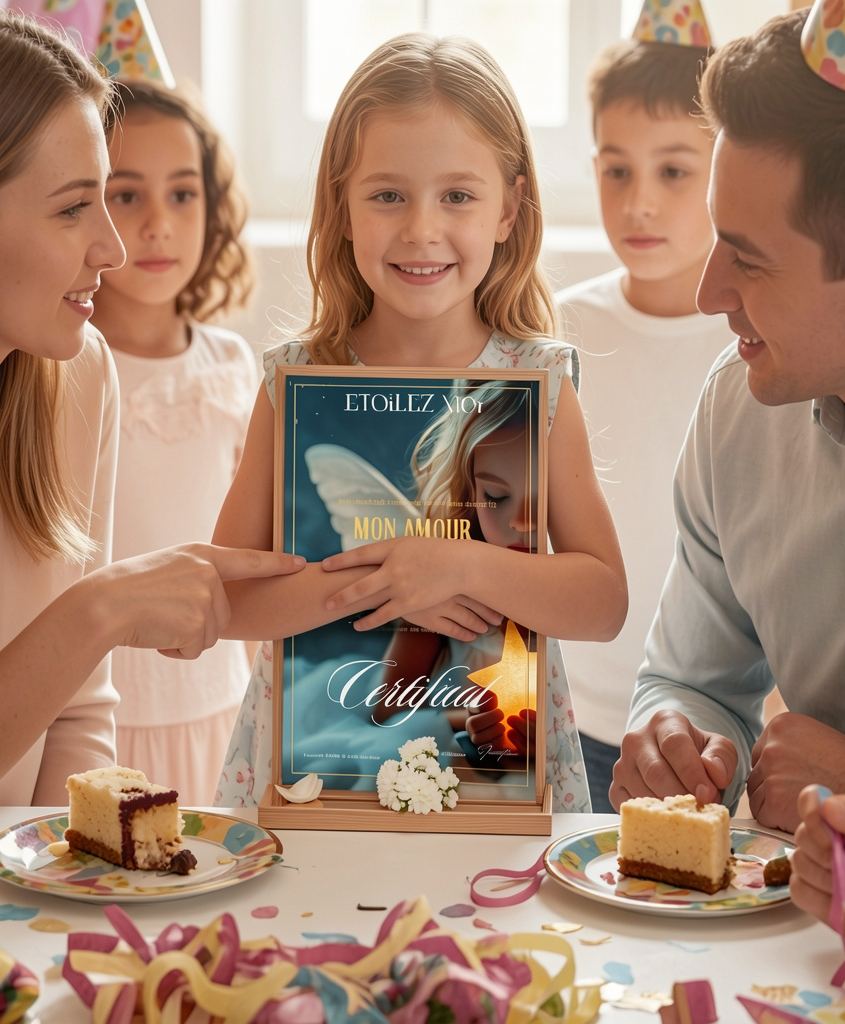 Idées cadeaux anniversaire enfant originales : enfant découvrant avec émotion une étoile personnalisée à son prénom