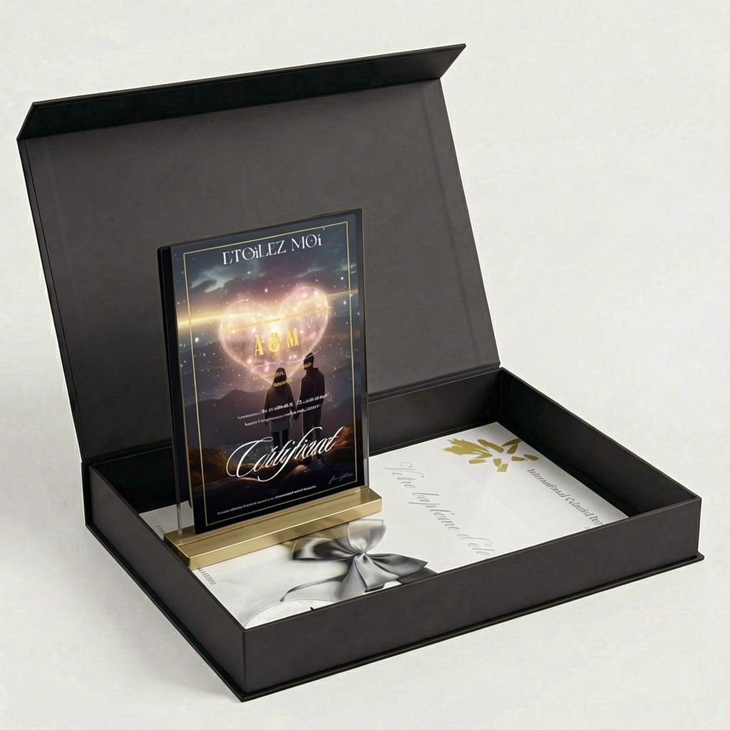 Couple amoureux échangeant un cadeau de Noël romantique personnalisé avec étoile baptisée, preuve d'amour et cadeau symbolique pour Noël
