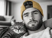 Jeune homme à casquette posant avec son chat, photo en noir et blanc