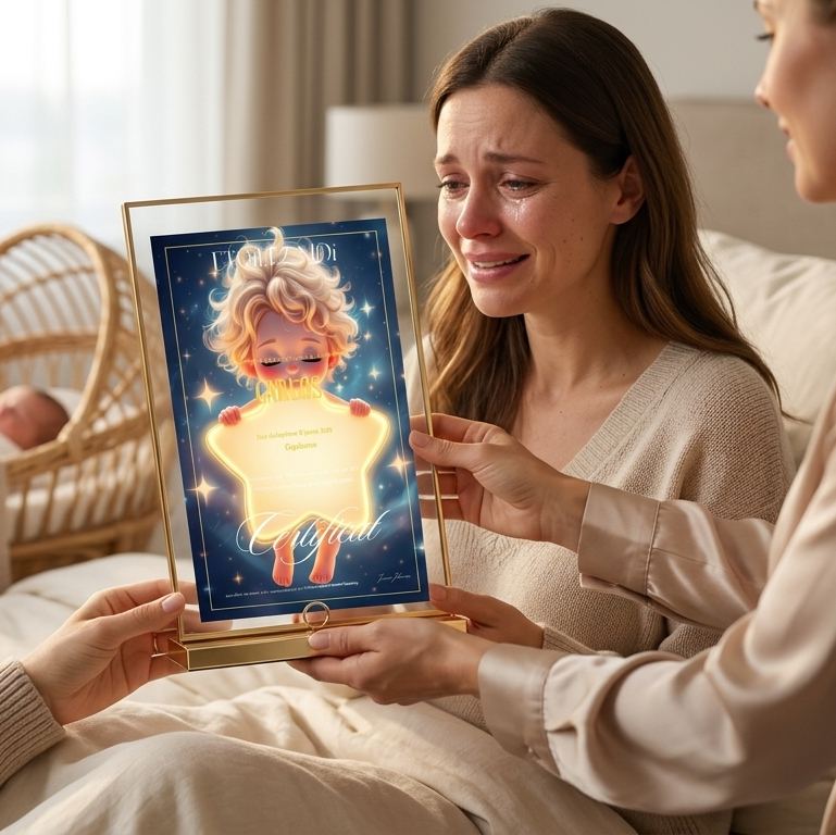 Cadeau de naissance personnalisé avec étoile au prénom de bébé, symbole de tendresse et d’amour familial