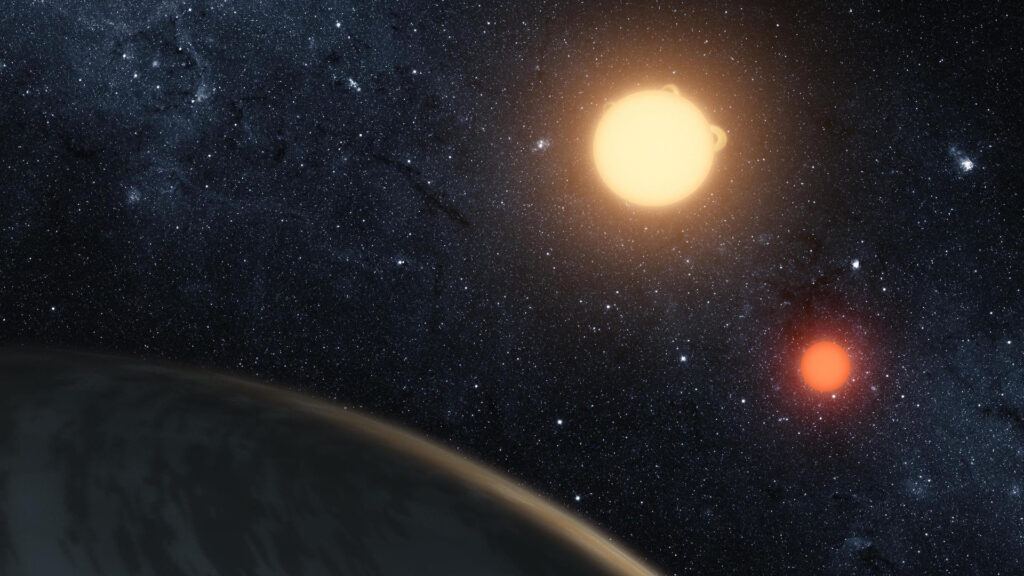 Système de deux étoiles éclairant une planète dans l’espace