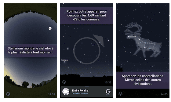 Captures de l’application Stellarium montrant le ciel et les constellations