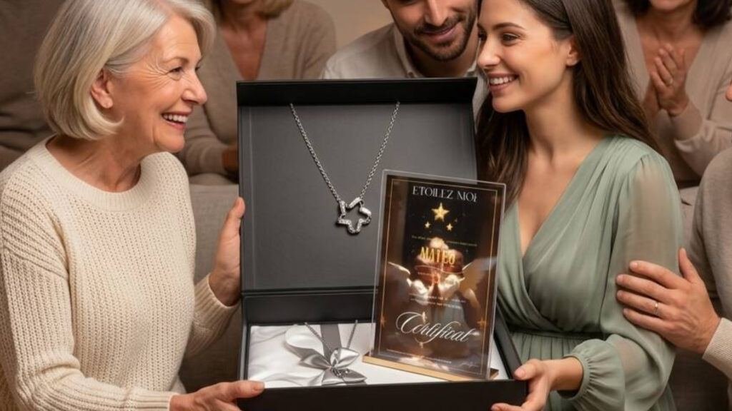 Personnes réunies autour d'un cadre personnalisé avec un certificat étoilé, symbolisant un moment de partage et de transmission