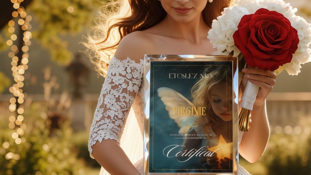 Femme en robe blanche tenant un cadre personnalisé avec un certificat étoilé, entourée de roses rouges et blanches