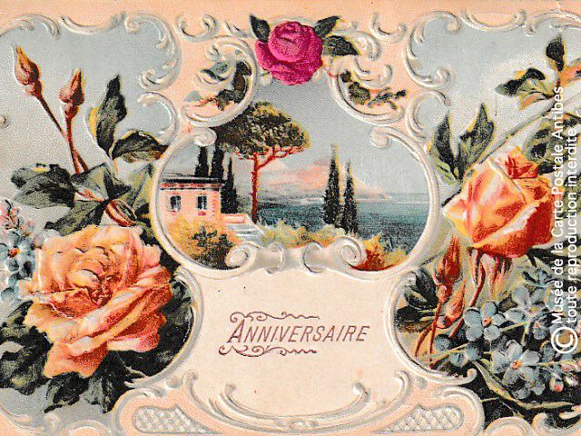 Carte d’anniversaire vintage fleurie avec un paysage méditerranéen