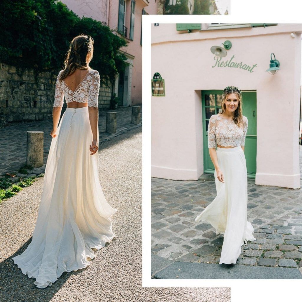 Ensemble deux pièces de mariée en dentelle ivoire