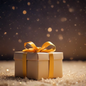 Cadeau doré posé sur la neige, une idée de cadeau d’entreprise original