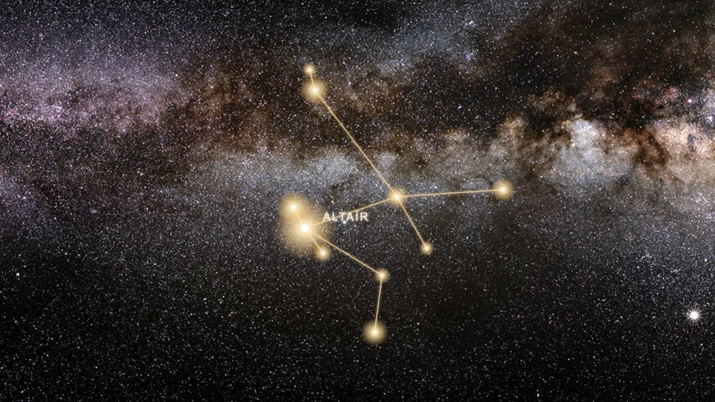 Constellation de l’Aigle tracée en or sur la Voie lactée, avec l’étoile Altaïr lumineuse au cœur de l’oiseau