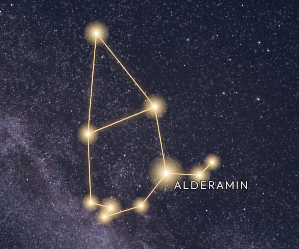 La constellation de Céphée tracée en or sur le ciel étoilé