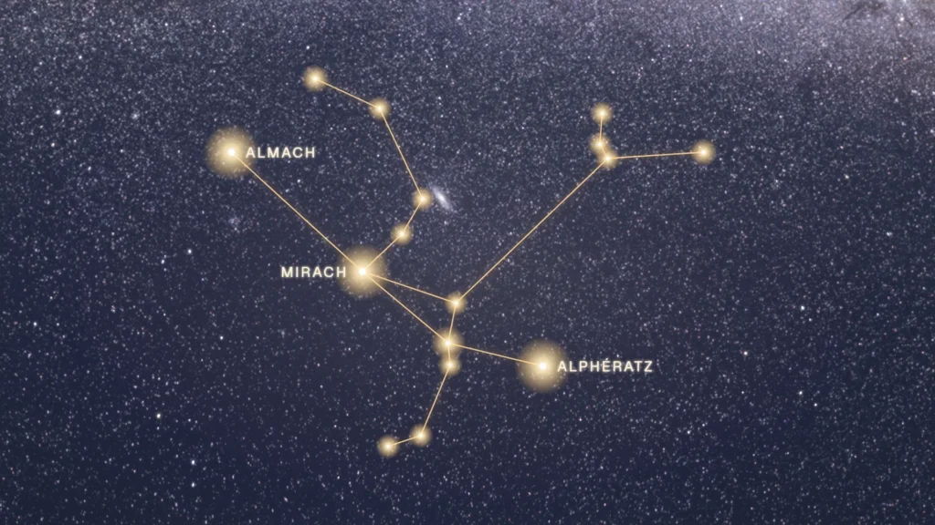 Constellation d’Andromède tracée sur la Voie lactée, avec la galaxie M31 près de Mirach