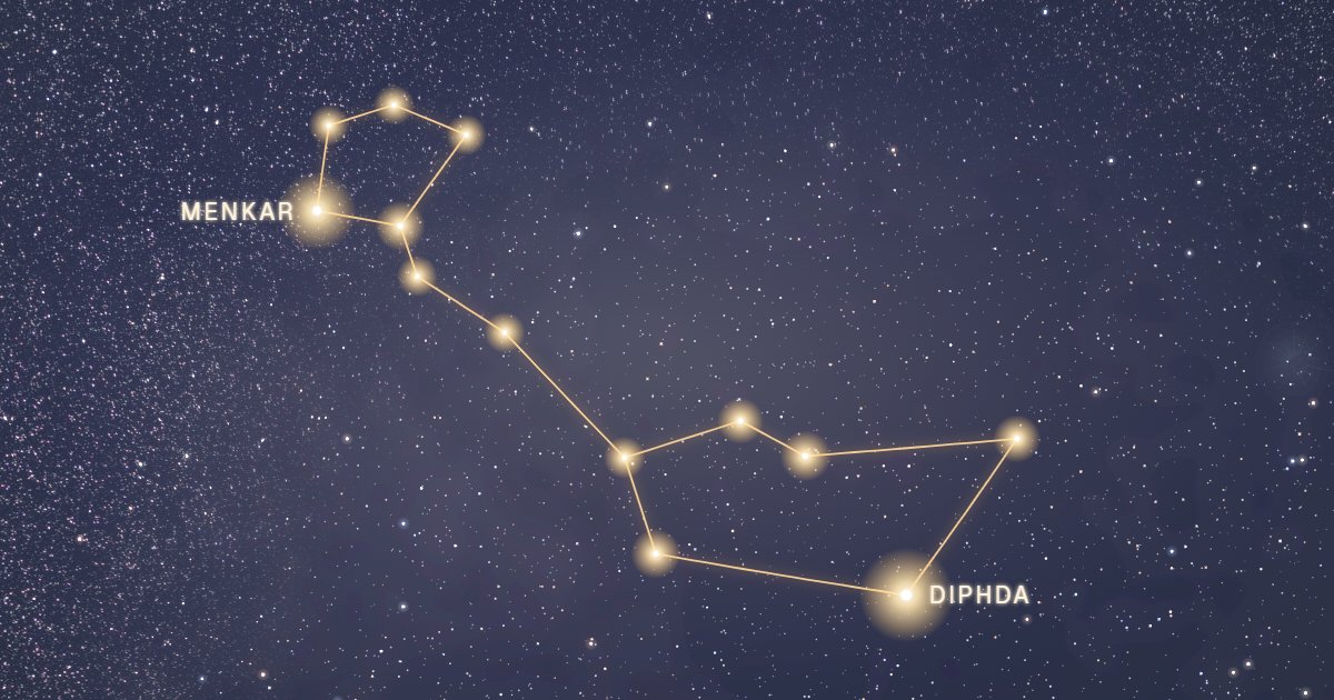 Constellation de la Baleine tracée en or sur fond de ciel étoilé, avec Diphda et Menkar