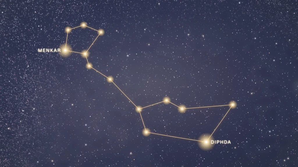 Constellation de la Baleine tracée en or sous les Poissons, avec l’étoile Mira