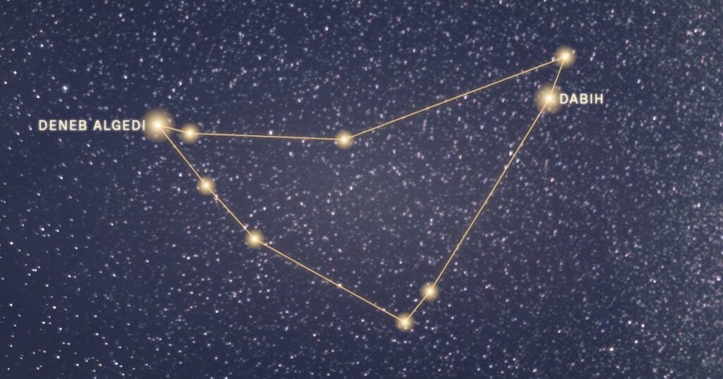 Les étoiles de la constellation du Capricorne reliées en or sur un ciel étoilé, dont Deneb Algedi et Dabih
