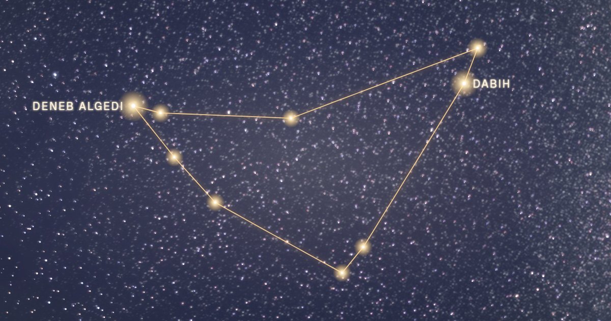 Les étoiles de la constellation du Capricorne reliées en or sur un ciel étoilé, dont Deneb Algedi et Dabih