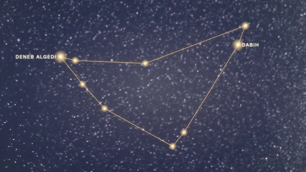 Constellation du Capricorne tracée en or entre le Sagittaire et le Verseau