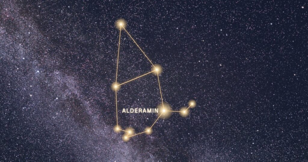 Les étoiles de la constellation de Céphée reliées en or sur fond de Voie lactée, dont Alderamin