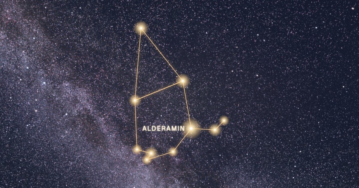 Les étoiles de la constellation de Céphée reliées en or sur fond de Voie lactée, dont Alderamin