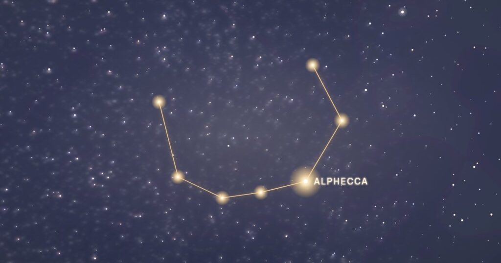 La constellation de la Couronne boréale reliée par un trait d’or sur fond de ciel étoilé, avec Alphecca