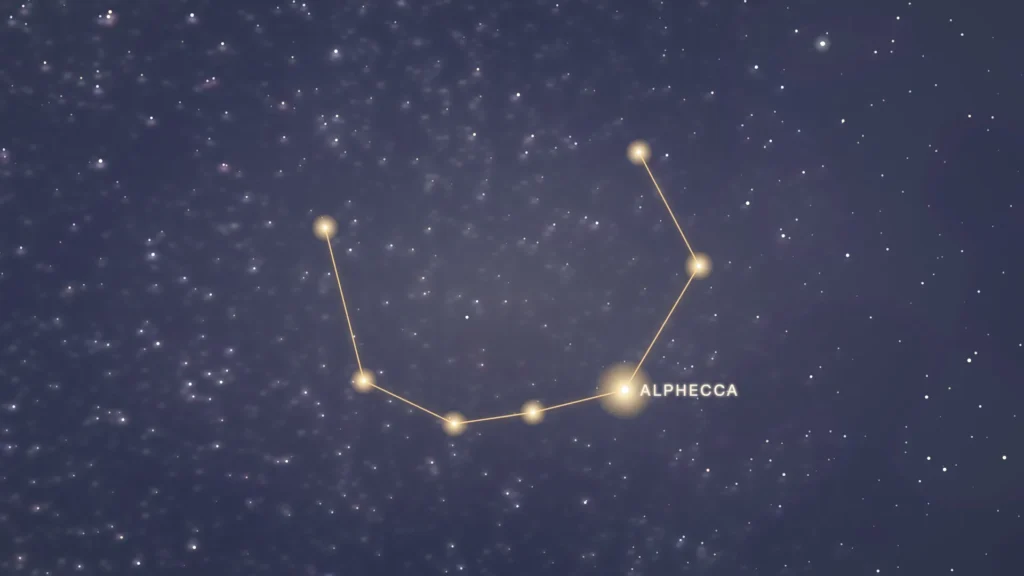 Constellation de la Couronne boréale et l’étoile Alphecca tracées en or entre le Bouvier et Hercule