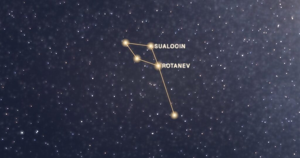 Les étoiles de la constellation du Dauphin reliées en or sur fond de Voie lactée, dont Rotanev et Sualocin