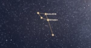 Les étoiles de la constellation du Dauphin reliées en or sur fond de Voie lactée, dont Rotanev et Sualocin
