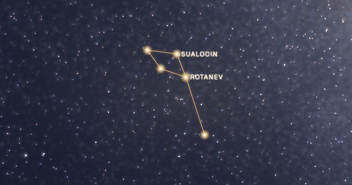 Les étoiles de la constellation du Dauphin reliées en or sur fond de Voie lactée, dont Rotanev et Sualocin