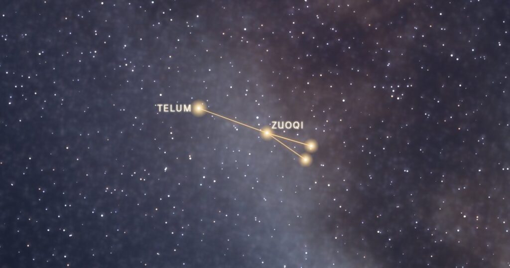 La constellation de la Flèche reliée par un trait d’or sur fond de Voie lactée, avec Telum et Zuoqi