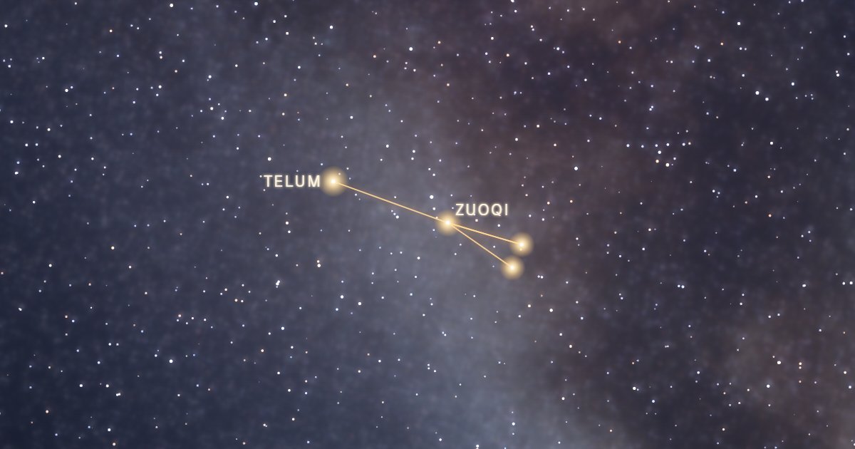 La constellation de la Flèche reliée par un trait d’or sur fond de Voie lactée, avec Telum et Zuoqi