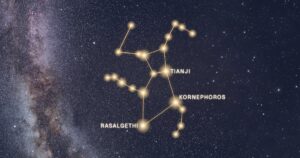 Les étoiles de la constellation d’Hercule reliées en or en lisière de la Voie lactée, dont Kornephoros, Rasalgethi et Tianji