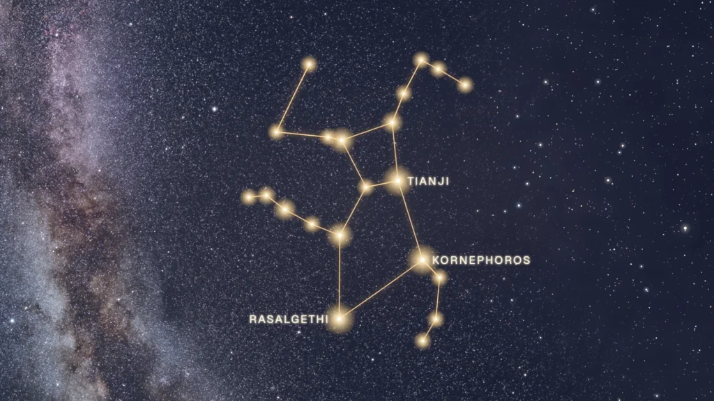 Constellation d’Hercule tracée en or entre Véga et la Couronne boréale