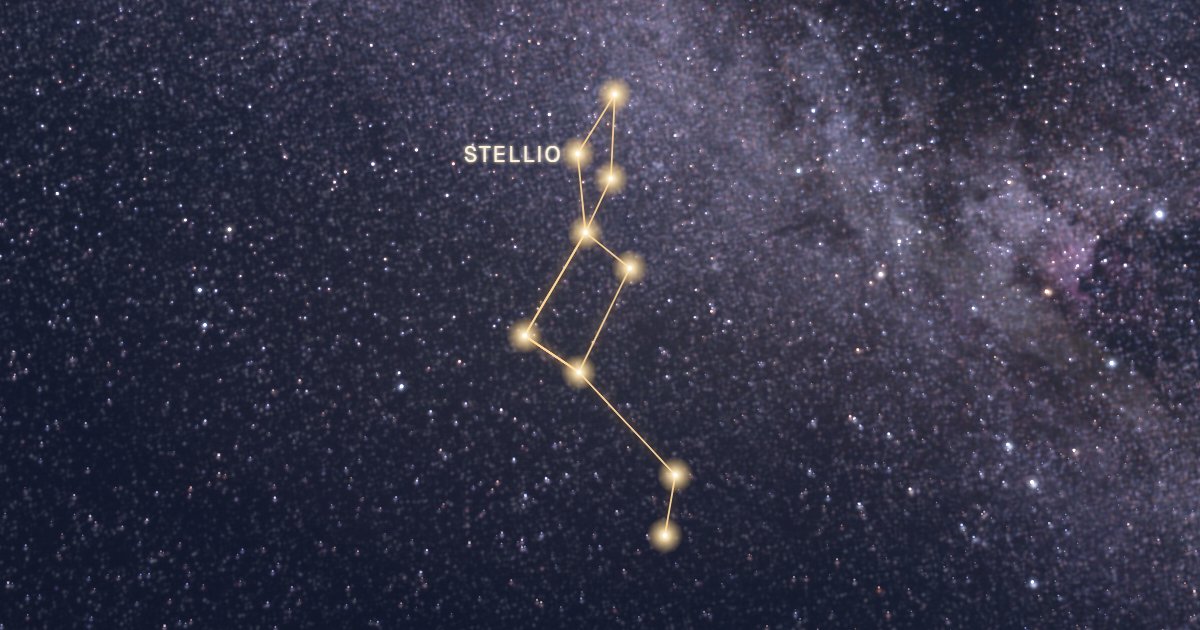 Constellation du Lézard tracée en or devant la Voie lactée, avec l’étoile Stellio