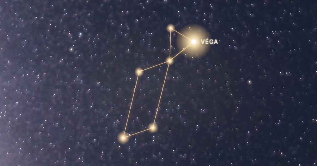 Les étoiles de la constellation de la Lyre reliées en or sur la Voie lactée, dont Véga