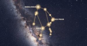 La constellation d’Ophiuchus reliée par un trait d’or au bord de la Voie lactée, avec Rasalhague, Sabik et Yed Prior
