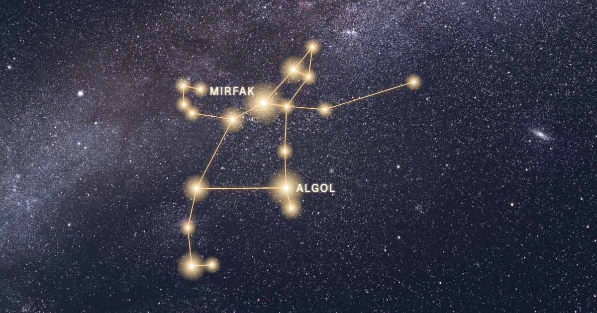 La constellation de Persée reliée par un trait d’or devant la Voie lactée, avec Mirfak et Algol
