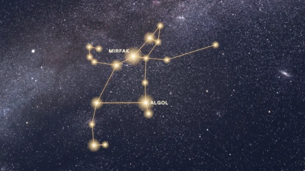 Constellation de Persée tracée sur la Voie lactée d’hiver, avec Mirfak et Algol