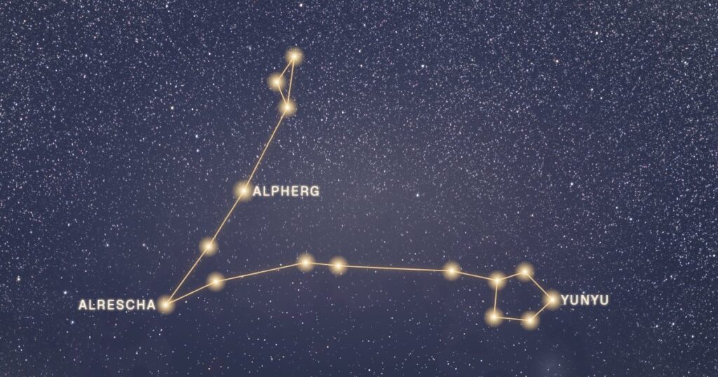 Tracé doré de la constellation des Poissons sur fond de ciel étoilé, avec Alpherg, Yunyu et Alrescha
