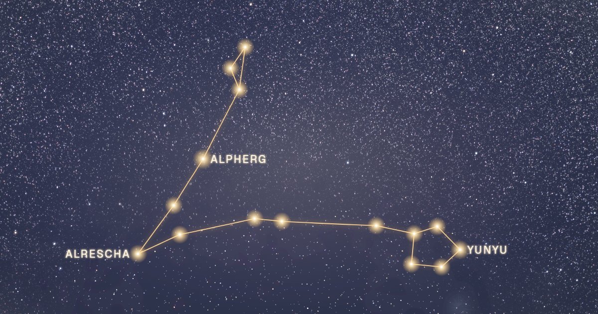 Tracé doré de la constellation des Poissons sur fond de ciel étoilé, avec Alpherg, Yunyu et Alrescha