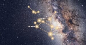 Les étoiles de la constellation du Sagittaire reliées en or devant la Voie lactée, dont Kaus Australis, Nunki et Ascella