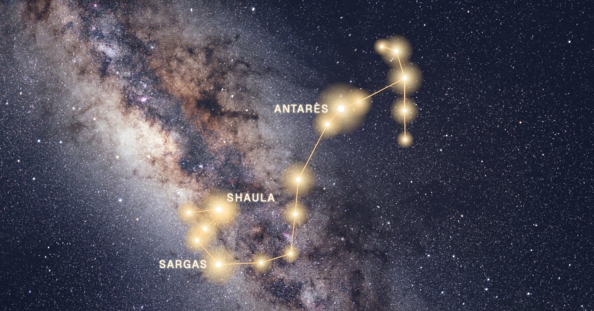 Constellation du Scorpion tracée en or sur la Voie lactée, avec Antarès, Shaula et Sargas