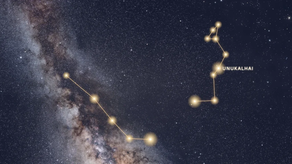 Constellation du Serpent tracée en or de part et d’autre d’Ophiuchus sur la Voie lactée
